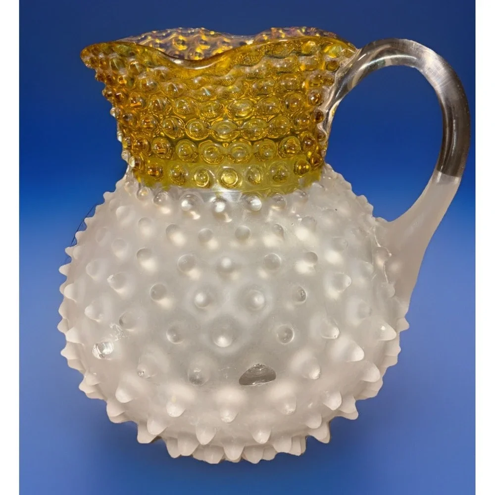 Antique Hobbs Brockunier No‎ 323 Dew Drop Hobnail Satin Glass Pitcher Amber READ